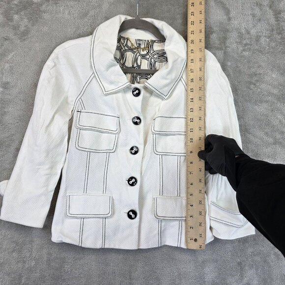 Bebe Jacket Womens 4 White Black Contrast Stitch 3/4 Sleeve Lined Pockets Blazer - Picture 3 of 16